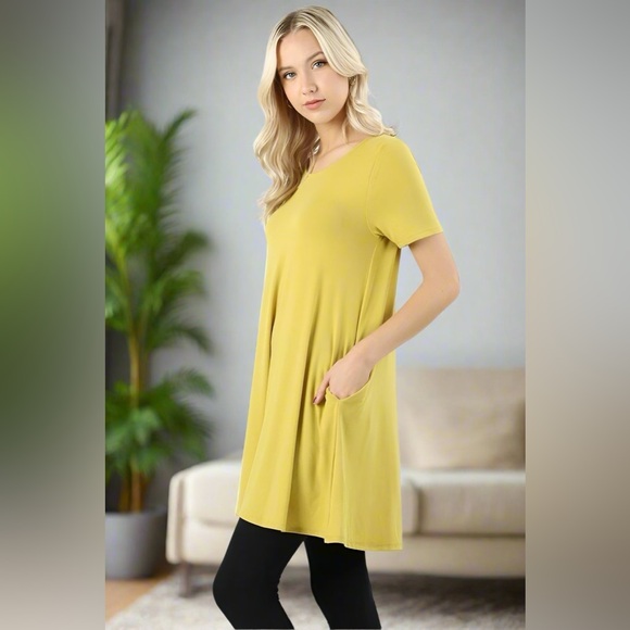 Small NEW Womens Yellow Pocket Shift Dress, Short Sleeve Dress - Picture 3 of 3